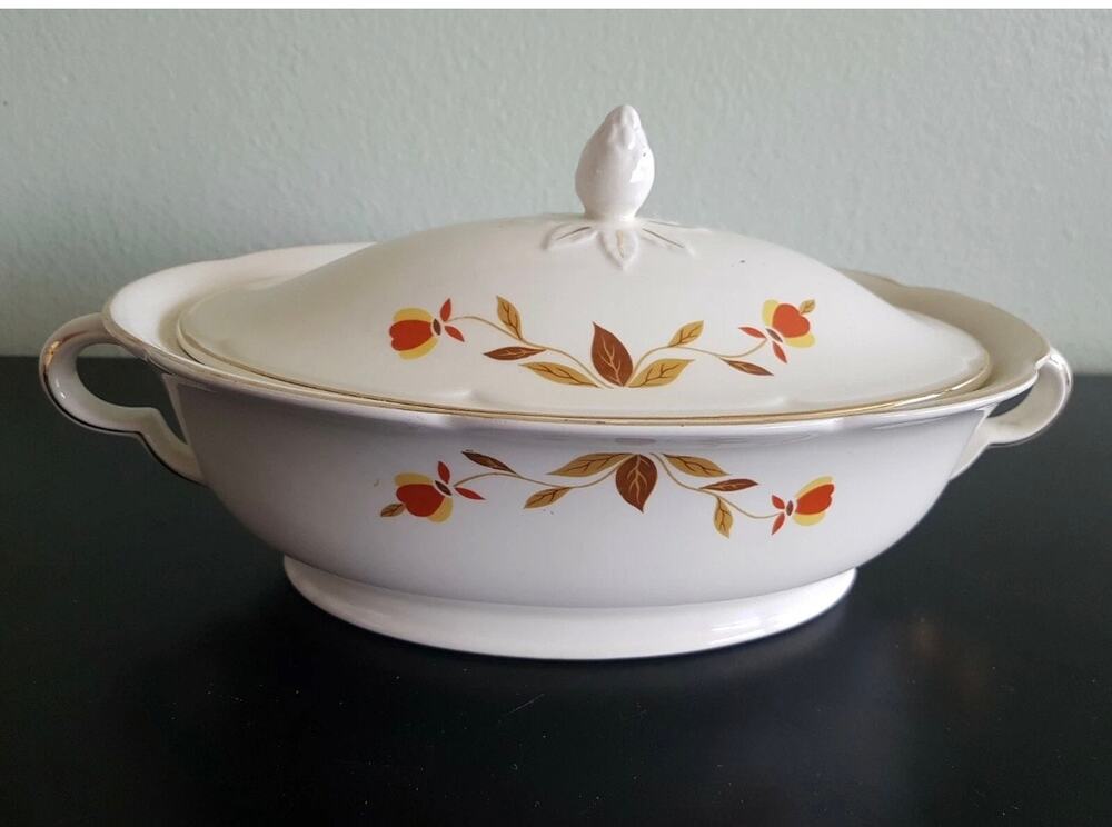 Vintage Hall's Superior Autumn Leaf Ruffled Oval Serving Bowl with a Lid